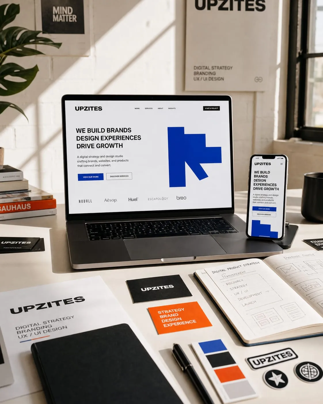 Sistema de marca UPZITES en web y piezas